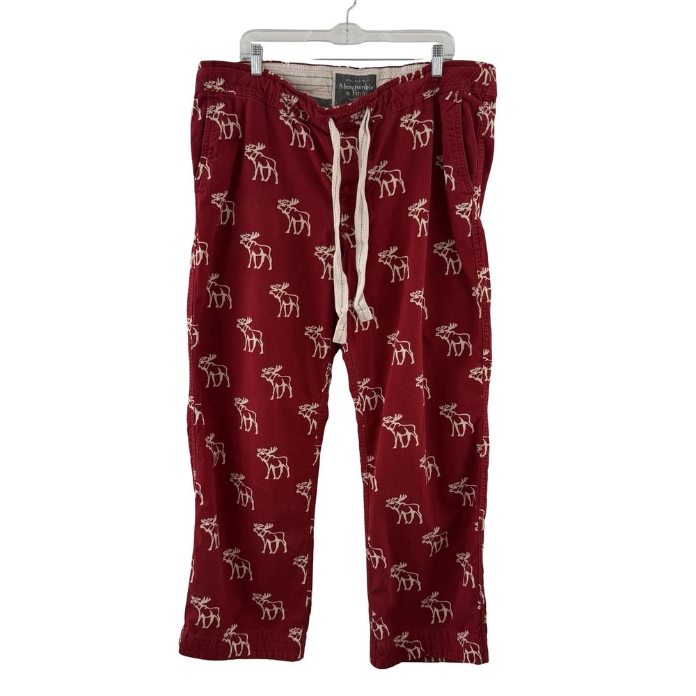 Vintage Abercrombie & Fitch All Over Moose Pajama Pants Y2K Mens XL Red Lounge